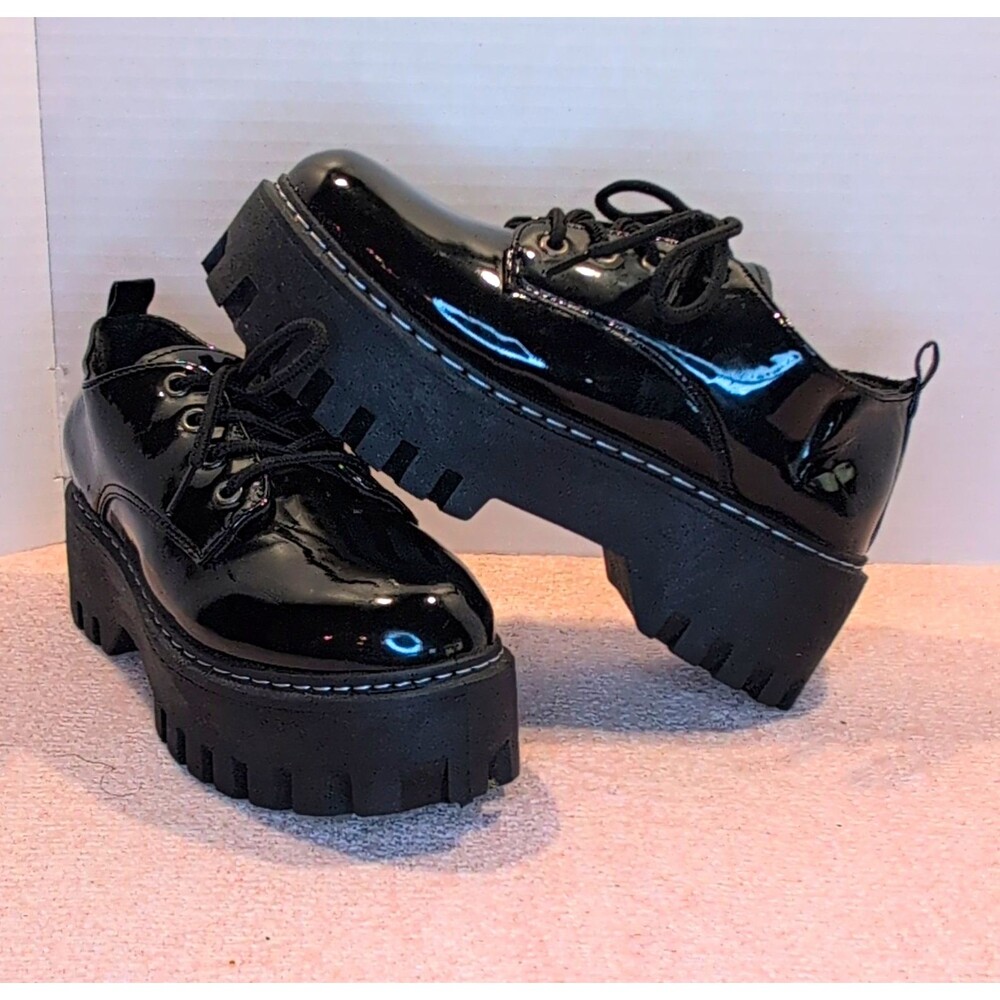 Rouge Helium Women's Black Patent Leather Platform Lace-Up Oxford Shoes US 7.5